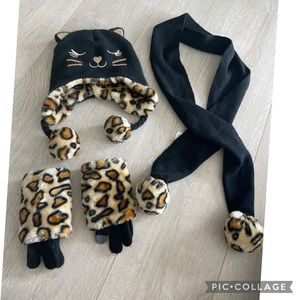 Girls limited too leopard beanie, scarf and gloves